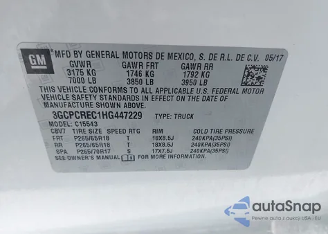 2017 Chevrolet Silverado 1500 1Lt из США, поврежденный, VIN 3GCPCREC1HG447229